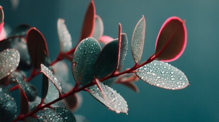Eucalyptus leaves with dew drops teal background