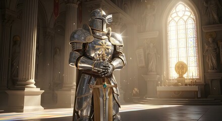 Golden armored sentinel standing inside a grand hall with soft warm illumination