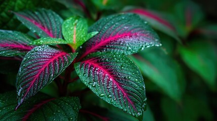 Colorful tropical leaves with water droplets