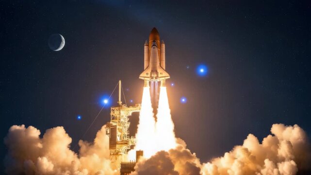 Space shuttle launching into night sky with moon and stars