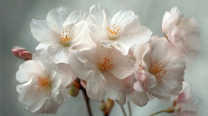 Fototapeta premium Delicate cherry blossoms bloom softly against a tranquil background signaling the arrival of spring.