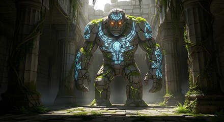 Ancient forest guardian emerging from moss-covered stone ruins