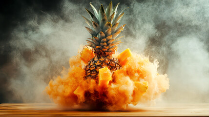 Exploding pineapple with pieces and juice flying around
