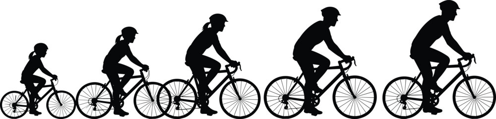 Silhouette family riding bicycles in a row, cyclist group illustration, parents and children biking together, outdoor healthy lifestyle concept