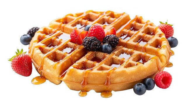 Golden waffle with berries and syrup closeup