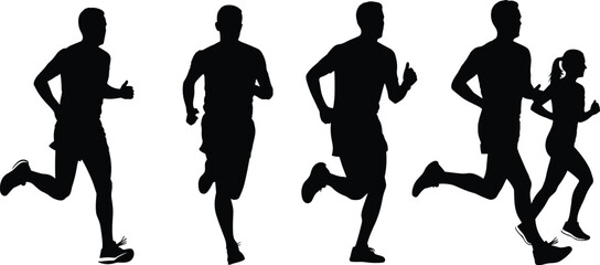 Silhouette group of people running in motion, jogging athletes in outdoor fitness activity, marathon runners and active lifestyle illustration set