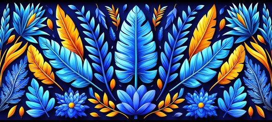 Naklejka premium Vibrant Tropical Leaves and Flowers in Blue and Orange on Dark Background