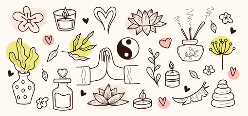 Spa Wellness Hand Drawn Doodle Set. Relaxation, Self-Care, And Zen Accessories, Incense, Aroma Oil and Hands Namaste Gesture. Isolated Outline drawings. Vector Illustration. Not AI