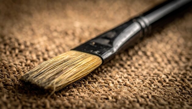 Close-up of a paintbrush with worn bristles lying on rough, brown burlap fabric with soft focus and texture details - Powered by Adobe