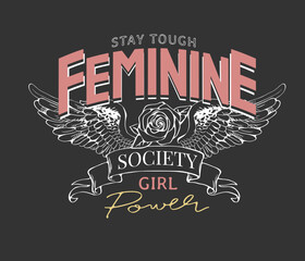 feminine slogan with graphic wings and rose on black background