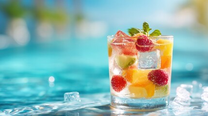 A vibrant fruit cocktail with ice rests in a clear glass beside a sparkling pool under the sun.
