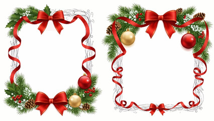 Stunning set of two elegant Christmas frames featuring vibrant red ribbons pine branches and festive ornaments perfect for holiday greetings