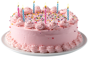 Festive pink frosted birthday cake with lit candles and sprinkles isolated on transparent background