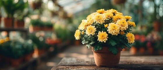 Potted yellow chrysanthemum flowers in full bloom with lush green leaves and soft diffused sunlight set against a blurred greenhouse setting.