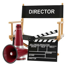 Director chair with megaphone and clapperboard isolated on transparent background