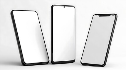 Three Modern Smartphones with Blank Screens on White Background