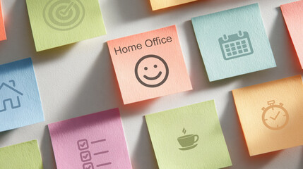 Home office and remote work productivity concept. Colorful sticky notes with icons of calendar, checklist, coffee break, and work-life balance. Flexible working, task organization, and time management