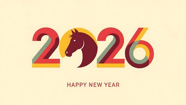 Happy new year 2026 greeting card design featuring a horse silhouette