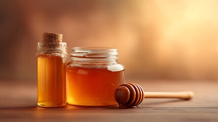 Close-Up of Two Jars of Golden Honey with Wooden Dipper