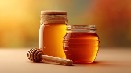 Close-Up of Two Jars of Golden Honey with Wooden Dipper
