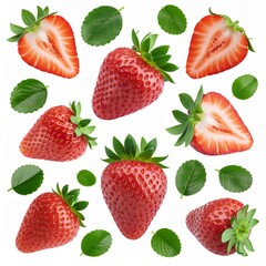 Collection of fresh ripe strawberries with green leaves isolated on a white background. Whole and sliced berries.