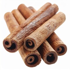 Aromatic brown cinnamon sticks stacked in a pile isolated on a clean white background.