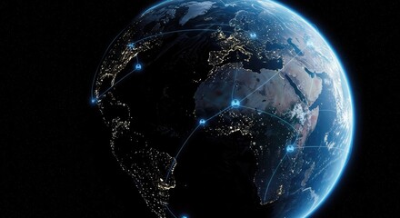 Stunning digital globe visualization showcasing interconnected global network of data communication across continents at night