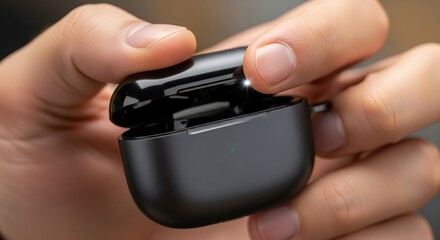 Black wireless earbuds in hand, close-up view of open charging case for modern technology