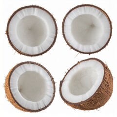 Four fresh coconut halves arranged and isolated on a clean white background.