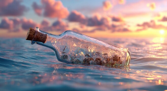Glass bottle floats on ocean surface, corked with potential message inside under warm sunset skies - Powered by Adobe