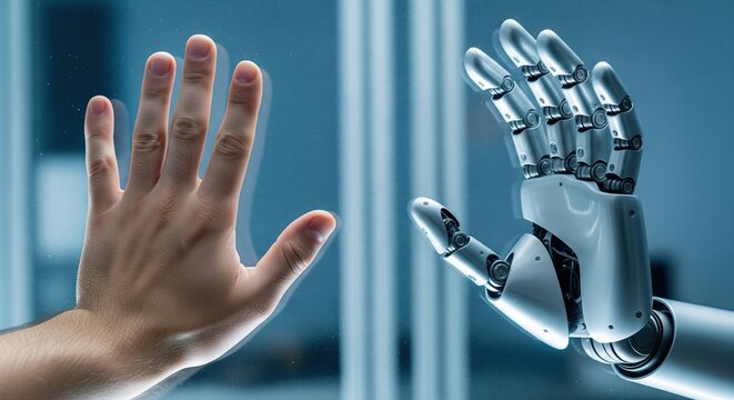 Human Hand Reaching Out to a Robotic Hand Symbolizing Connection and Technological Advancement