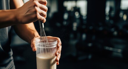 Mixing Protein Shake in Fitness Center with Focused Hand and Whisking Motion
