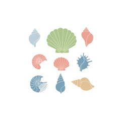 Collection of nine colorful cartoon seashells arranged in a grid.