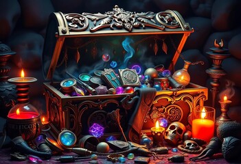 A shimmering, ornate chest overflowing with arcane artifacts,  scroll,  objects