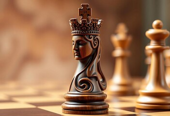 Hand-carved wooden chess king, intricate detail, rich grain,  antique,  dark