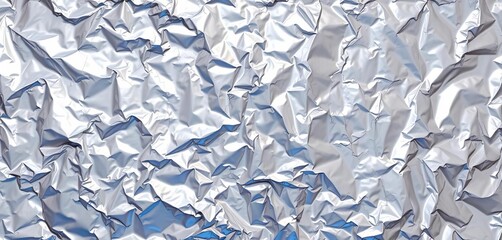 Wrinkled silver foil with light reflections and shadows, metal, detail