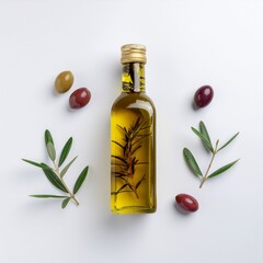 Bottle of rosemary infused extra virgin olive oil with fresh olives and leaves on a white background.
