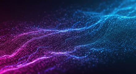 Dynamic digital wave of glowing data points flows across a dark background symbolizing futuristic technology and big data analysis