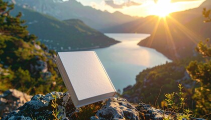 Book on a mountain peak overlooking a valley lake at sunset, with soft focus and warm light