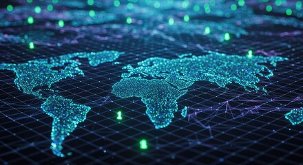 Stunning digital world map glowing with vibrant blue and green data points connecting global networks for futuristic technology concepts