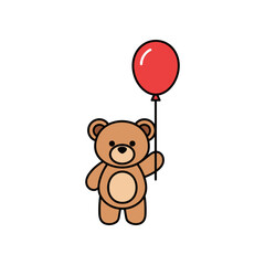 Cute brown teddy bear holding a red balloon standing upright.