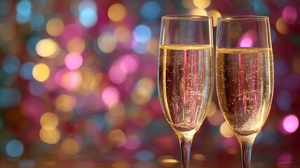Two Champagne Flutes with Sparkling Wine and Colorful Bokeh
