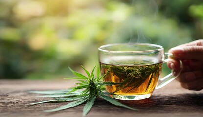 Clear glass mug filled with warm amber cannabis tea on a rustic wooden surface, with a fresh green cannabis sprig in front, set against a soft, blurred outdoor background in natural light.