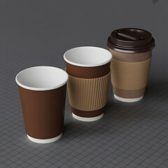 Coffee Cups Trio: A trio of brown coffee cups showcases different designs, promising warm moments and caffeine boosts, inviting a coffee experience.