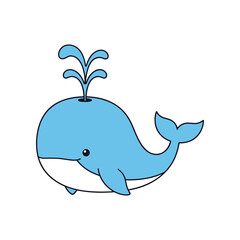 Cute Cartoon Blue Whale Spouting Water Isolated.