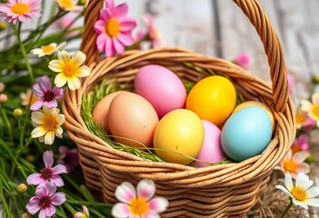 Colorful pastel Easter eggs in a woven basket, spring flowers nearby, decoration, basket