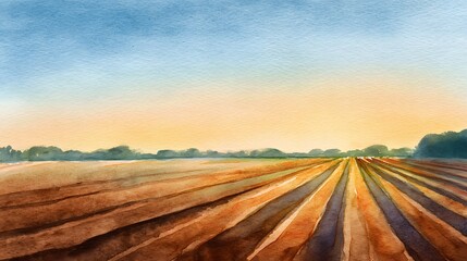 Golden sunset over farmland peaceful rural scene watercolor illustration evokes warmth and tranquility