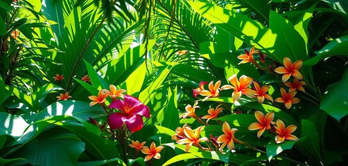 Lush green tropical foliage, vibrant flowers, sunlight dappled leaves,  orchids,  nature