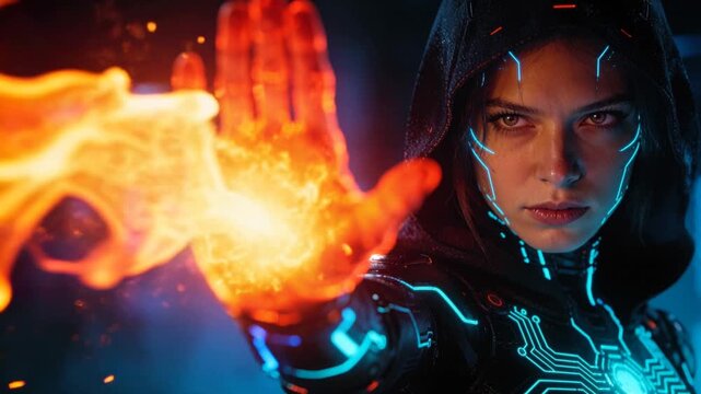 A hooded cyberpunk sorceress in glowing circuit armor extends her hand, commanding a roaring burst of fiery flames from her palm in a dark futuristic scene