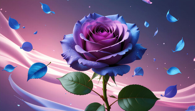 A rose in deep purple and magenta tones, set against a vibrant pink background. Ai